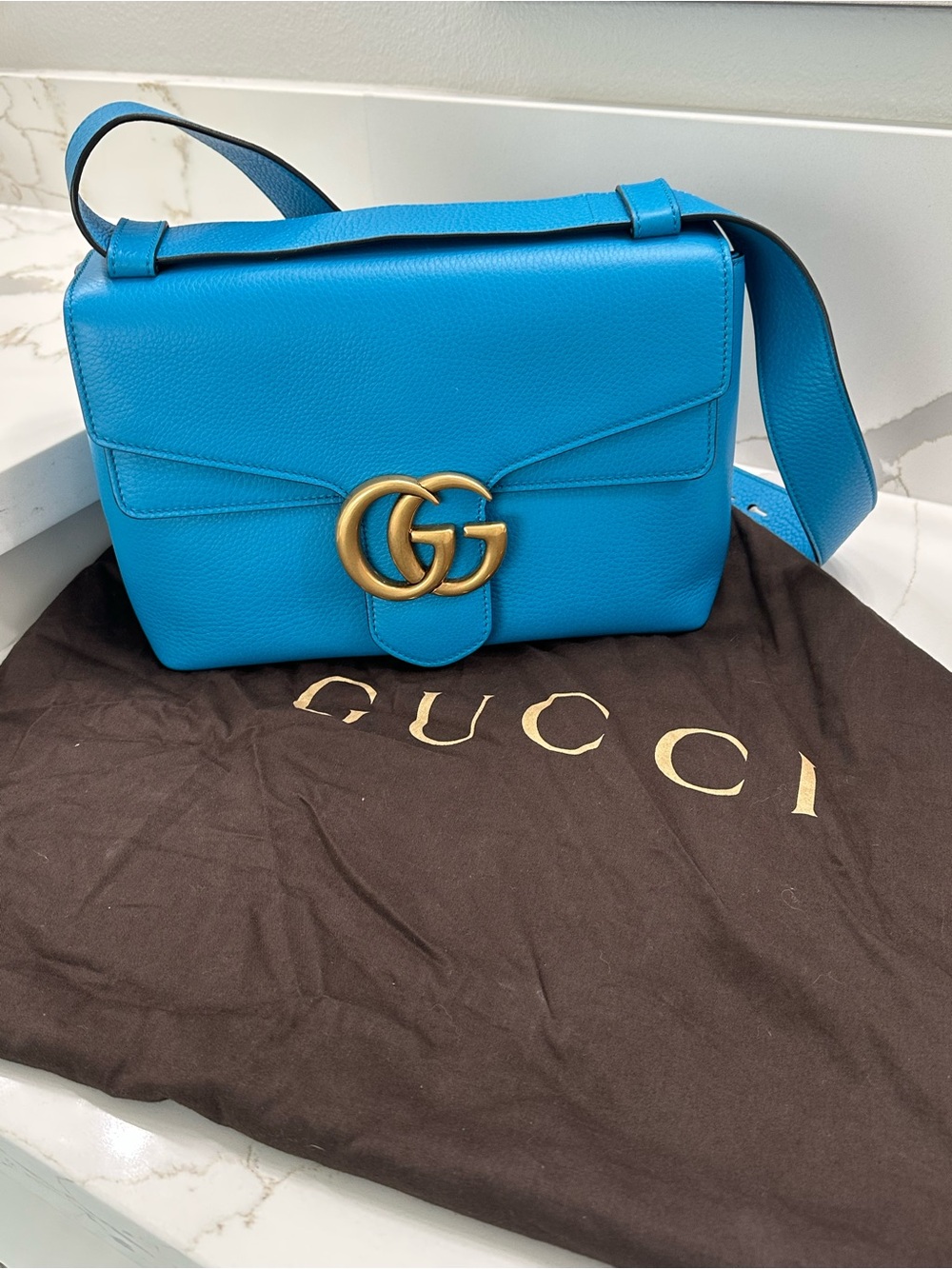 Gucci Bright Turquoise Leather Shoulder Bag with Gold Double G